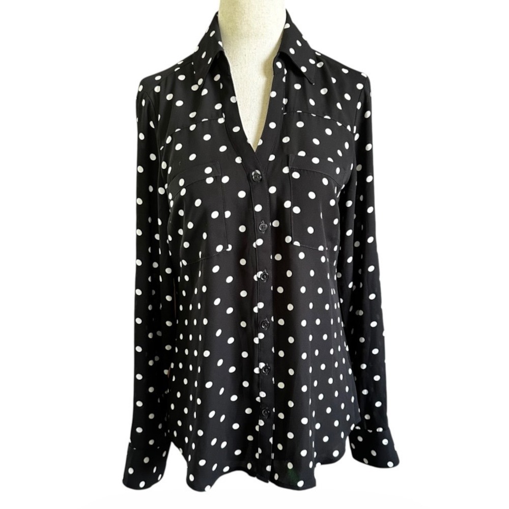 Express The Portofino Shirt Womens XS Black Polka Dot Button Up Blouse | 0144
